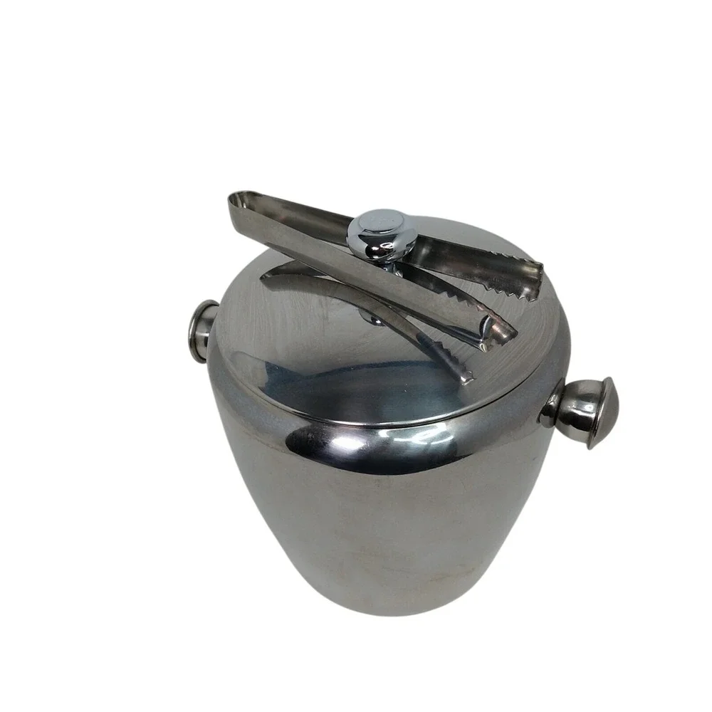 Vintage Stainless‎ Steel Ice Bucket Lidded With Tongs Mid Century Modern MCM